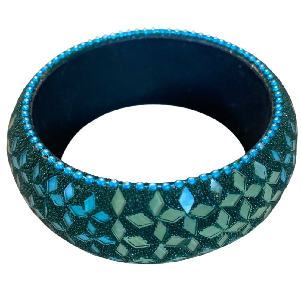 Mosaic Green & Turquoise Bangle Bracelet With Beaded Accents